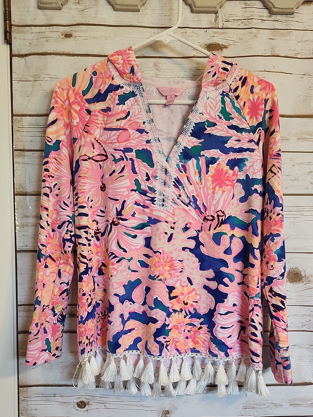 Lilly Pulitzer Pink Floral Hooded Top with Fringe XS